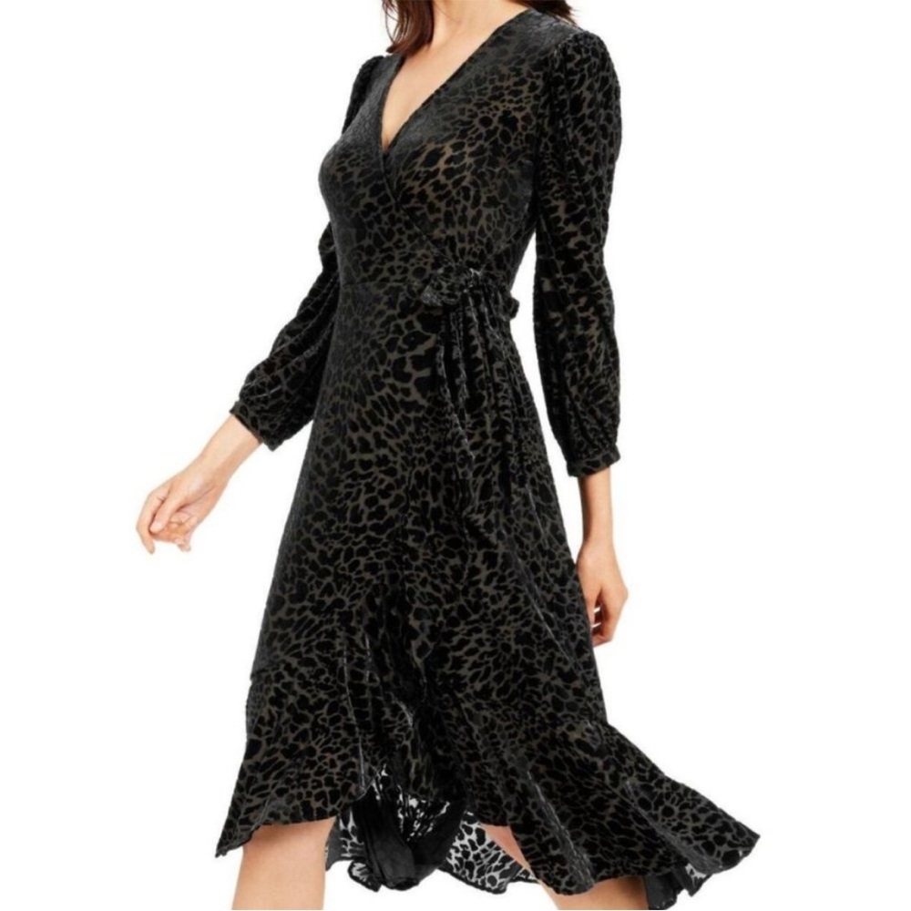 Calvin Klein Black Burnout Velvet Wrap Midi Dress Size 4